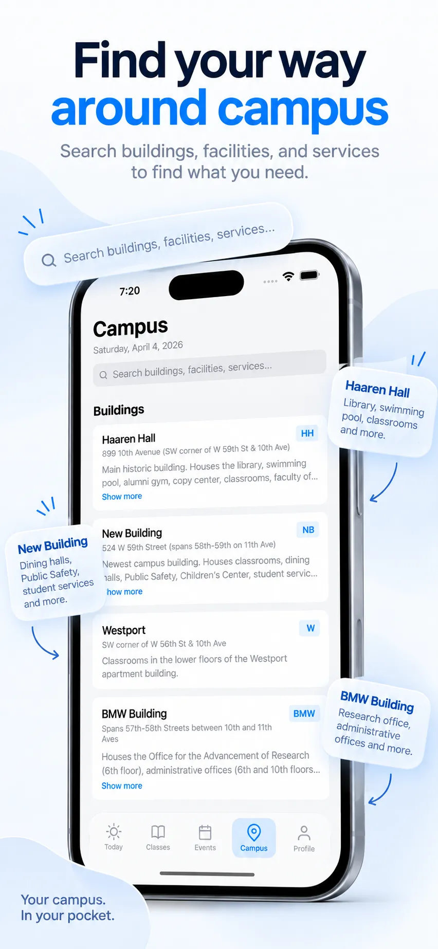 The Campus tab of JJAY with a search field for buildings, facilities, and services, and building cards for Haaren Hall, New Building, Westport, and the BMW Building.