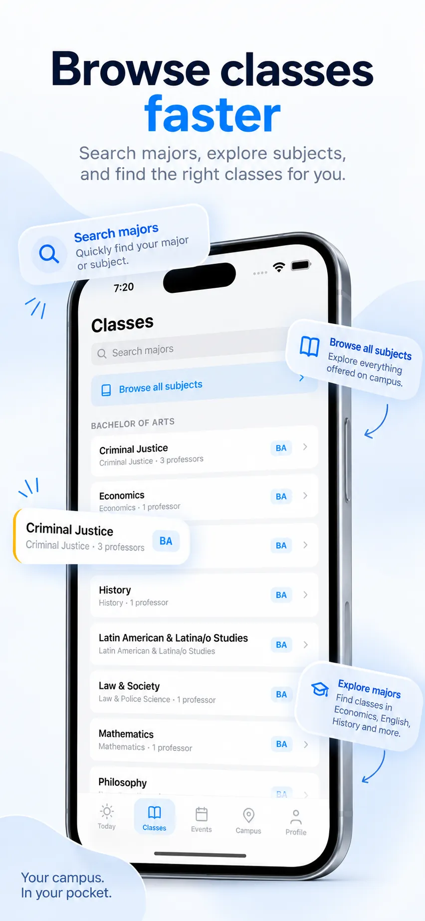 The Classes tab of JJAY with a search field for majors, a Browse all subjects link, and a list of Bachelor of Arts majors including Criminal Justice, Economics, History, Law & Society, and Mathematics.