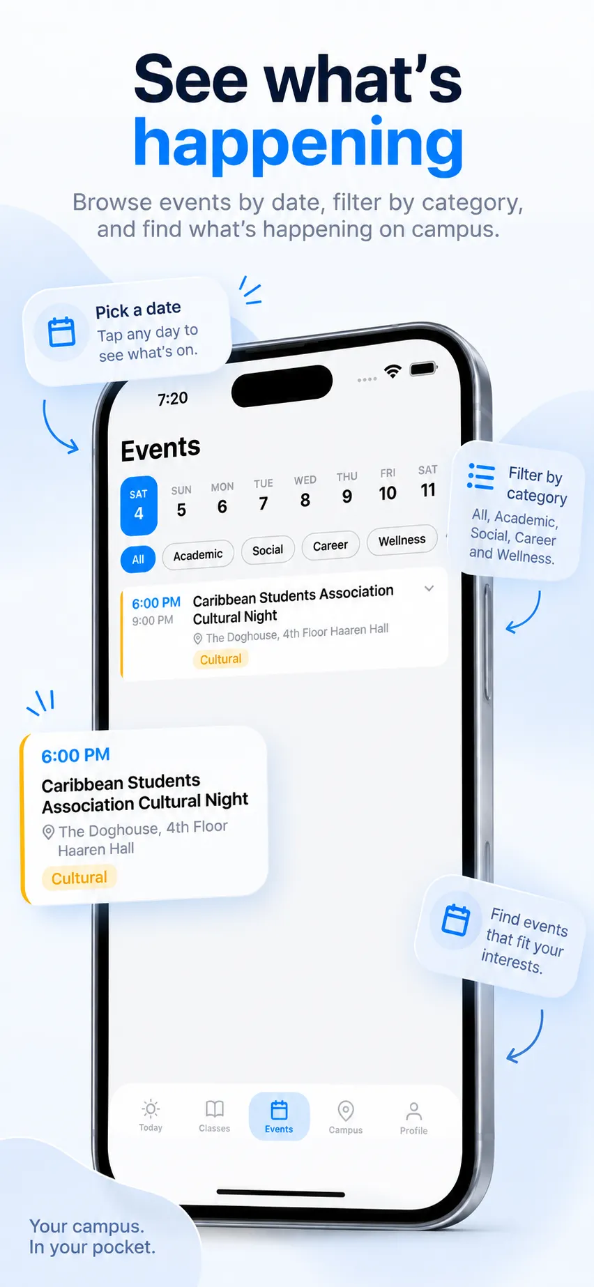The Events tab of JJAY with a week date picker, category filters for All, Academic, Social, Career, and Wellness, and a Caribbean Students Association Cultural Night event at 6:00 PM.