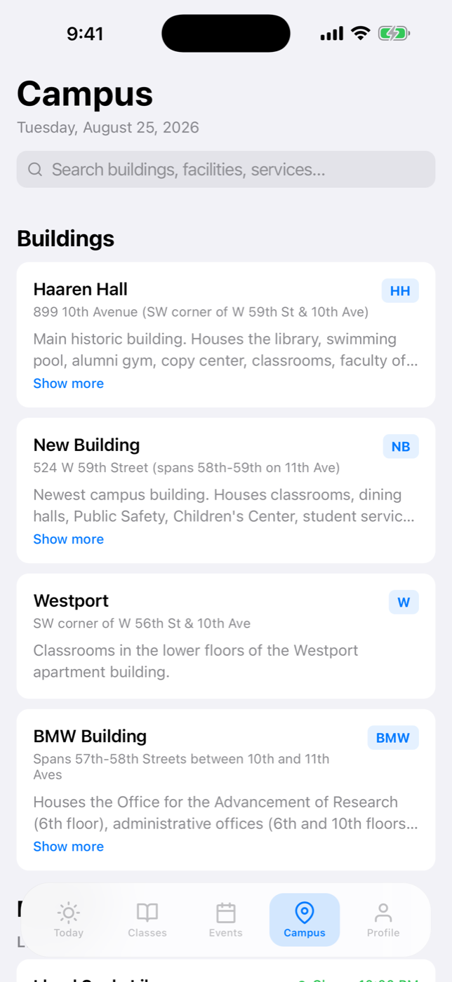 Screenshot of the Campus tab